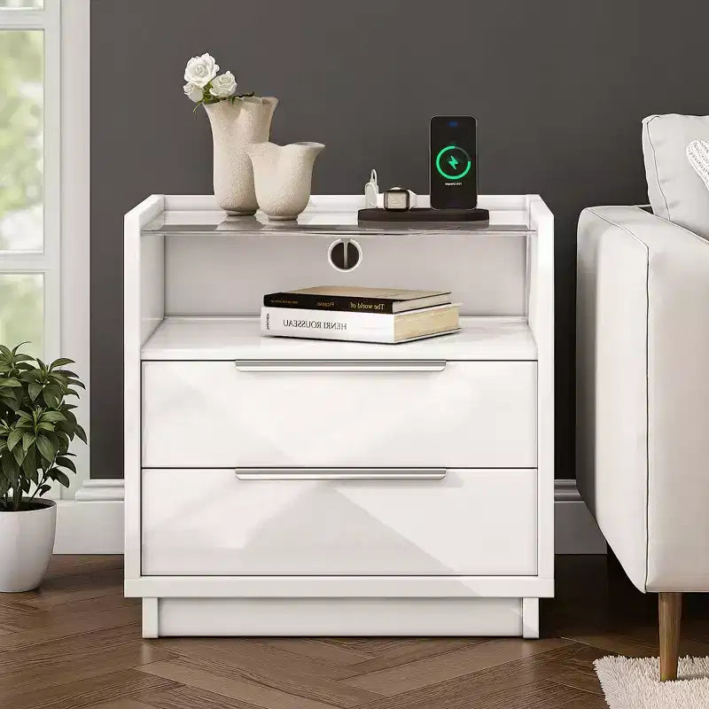 Table de chevet AMERLIFE 23.6, finition brillante, avec plateau en verre et station de recharge intégrée