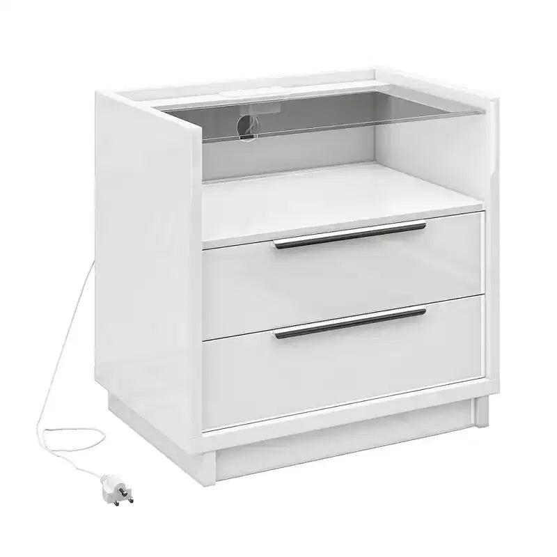 Table de chevet AMERLIFE 23.6, finition brillante, avec plateau en verre et station de recharge intégrée