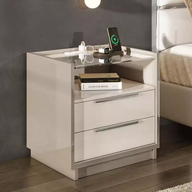 Table de chevet AMERLIFE 23.6, finition brillante, avec plateau en verre et station de recharge intégrée