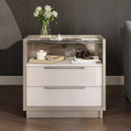 AMERLIFE 23.6 High Gloss Nightstand with Glass Tabletop, Modern Bedside Table with Charging Station