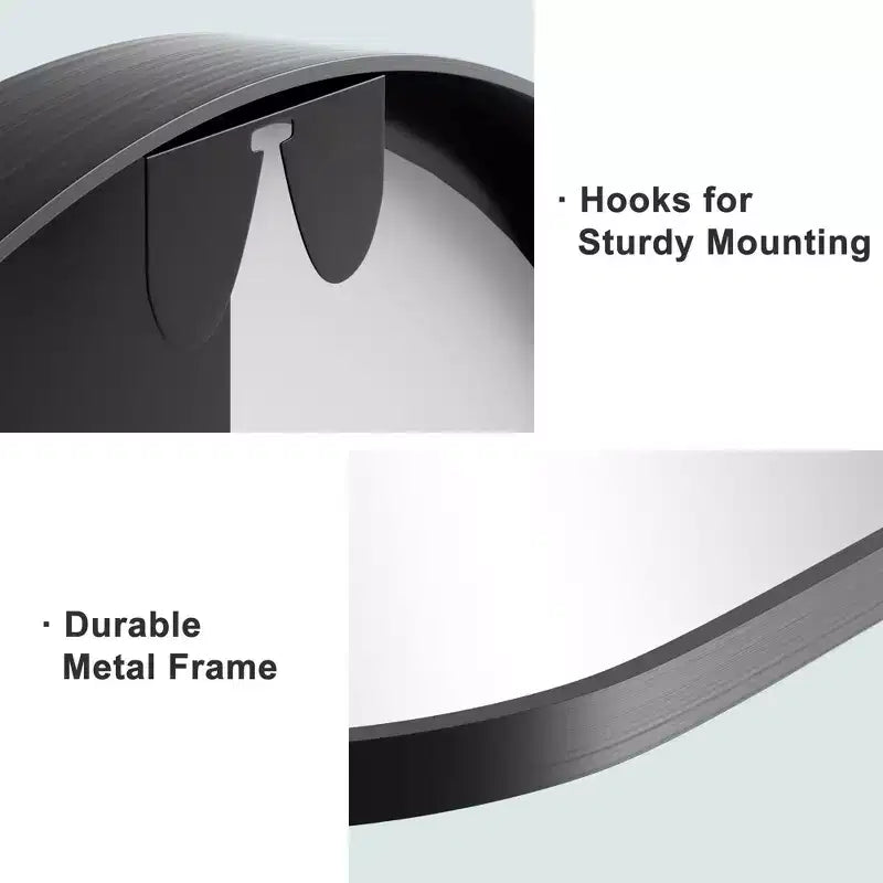 Miroir mural suspendu noir en alliage d'aluminium, bord fin, en arc à angle droit, 76,2 cm H x 68,6 cm L