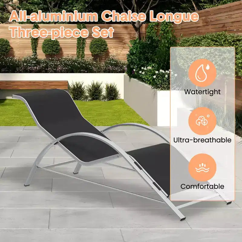 Ensemble de 3 chaises longues d'extérieur, chaises inclinables, transats de patio en aluminium, design moderne, résistantes aux intempéries et faciles à assembler