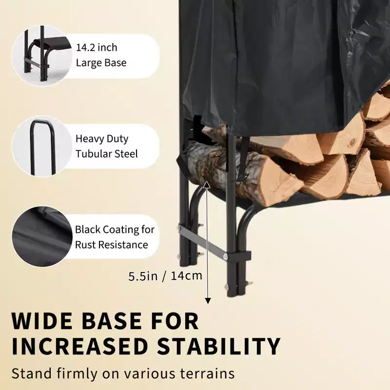 Support à bois de chauffage de 4 pieds avec housse, support de bois de chauffage extérieur avec fermeture éclair, supports à bûches robustes pour le rangement du bois de chauffage, tissu Oxford noir imperméable