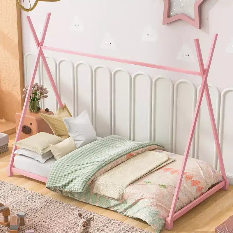 Lit au sol Bellemave taille jumeau pour enfants, lit au sol Montessori en métal pour enfants lit tente avec lattes, rose
