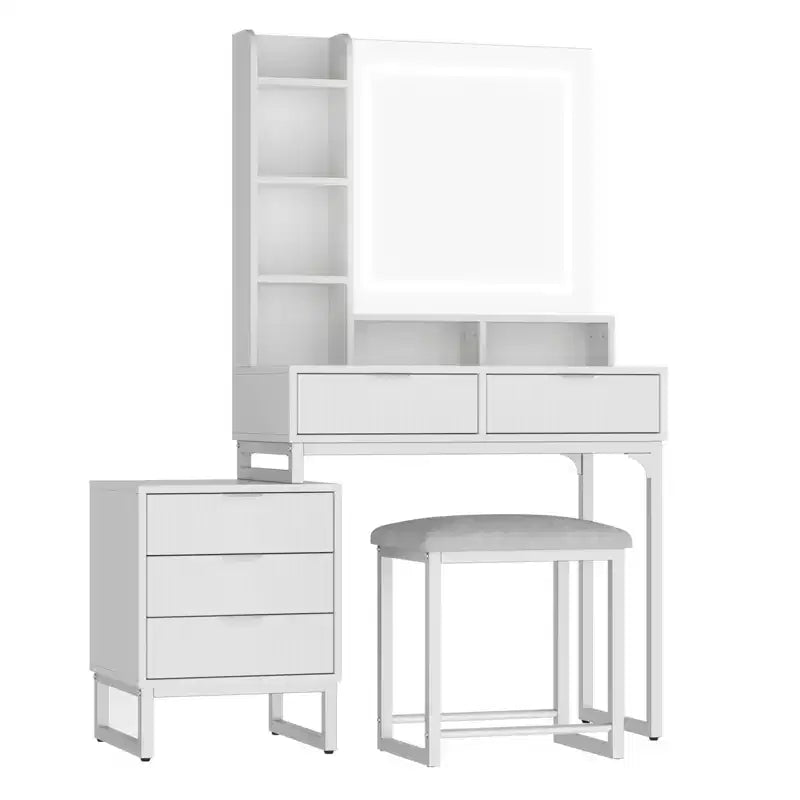 Table de Maquillage COZONY Blanche avec Lumières 3 Modes et Tabouret, Coiffeuse 5 Tiroirs avec Miroir