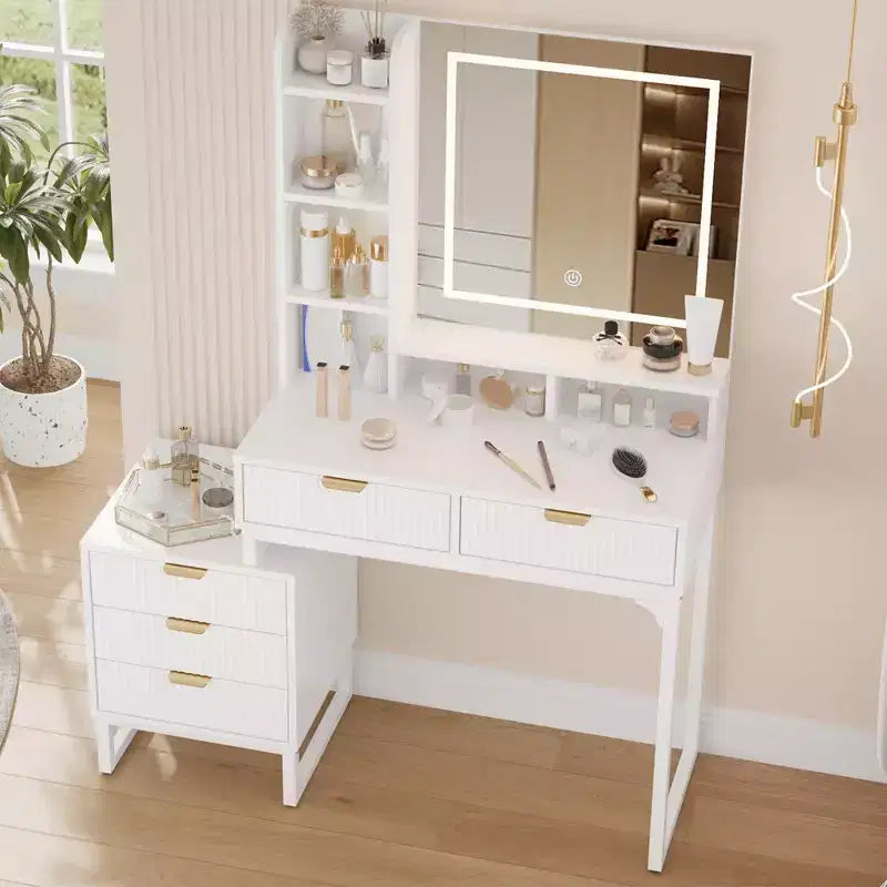 Table de Maquillage COZONY Blanche avec Lumières 3 Modes et Tabouret, Coiffeuse 5 Tiroirs avec Miroir