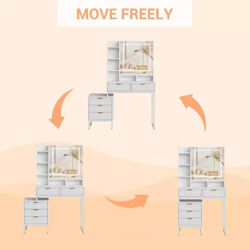 Table de Maquillage COZONY Blanche avec Lumières 3 Modes et Tabouret, Coiffeuse 5 Tiroirs avec Miroir
