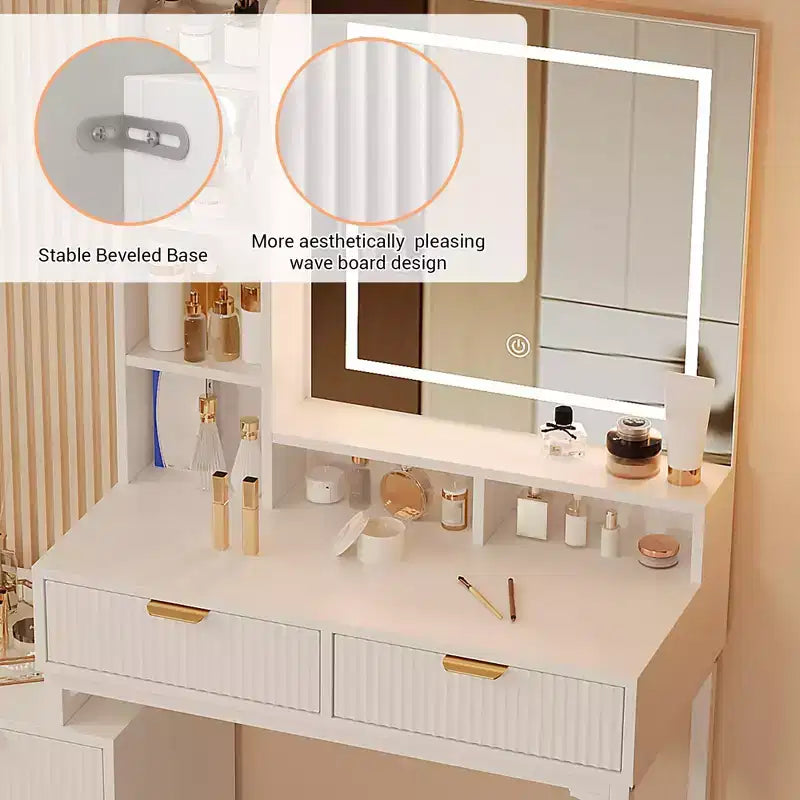 Table de Maquillage COZONY Blanche avec Lumières 3 Modes et Tabouret, Coiffeuse 5 Tiroirs avec Miroir