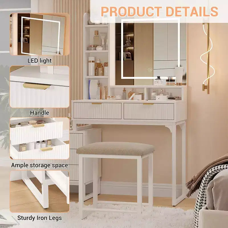 Table de Maquillage COZONY Blanche avec Lumières 3 Modes et Tabouret, Coiffeuse 5 Tiroirs avec Miroir
