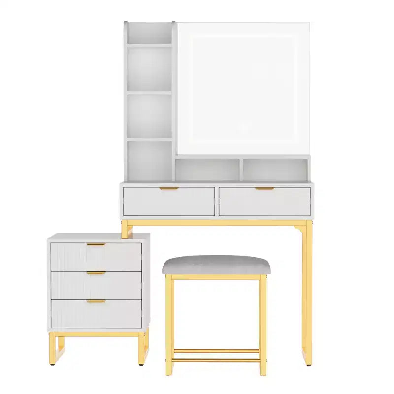 Table de Maquillage COZONY Blanche avec Lumières 3 Modes et Tabouret, Coiffeuse 5 Tiroirs avec Miroir