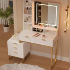Table de Maquillage COZONY Blanche avec Lumières 3 Modes et Tabouret, Coiffeuse 5 Tiroirs avec Miroir