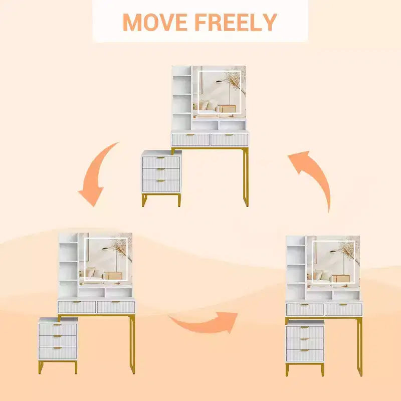 Table de Maquillage COZONY Blanche avec Lumières 3 Modes et Tabouret, Coiffeuse 5 Tiroirs avec Miroir