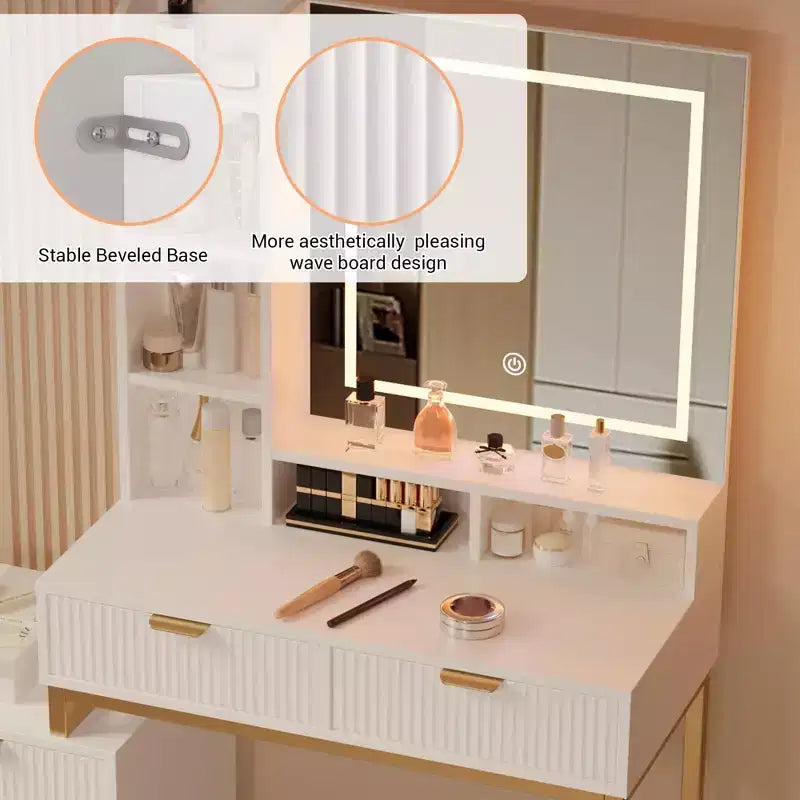Table de Maquillage COZONY Blanche avec Lumières 3 Modes et Tabouret, Coiffeuse 5 Tiroirs avec Miroir
