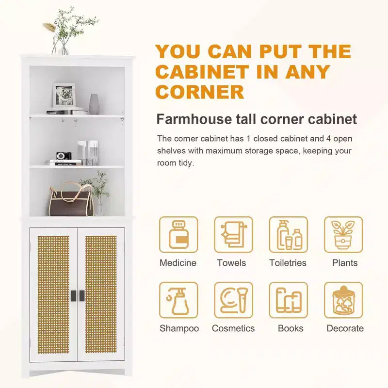 64 Armoire d'angle de style campagnard avec 2 portes de grange et étagères réglables pour salle de bain, salle à manger, cuisine, blanc