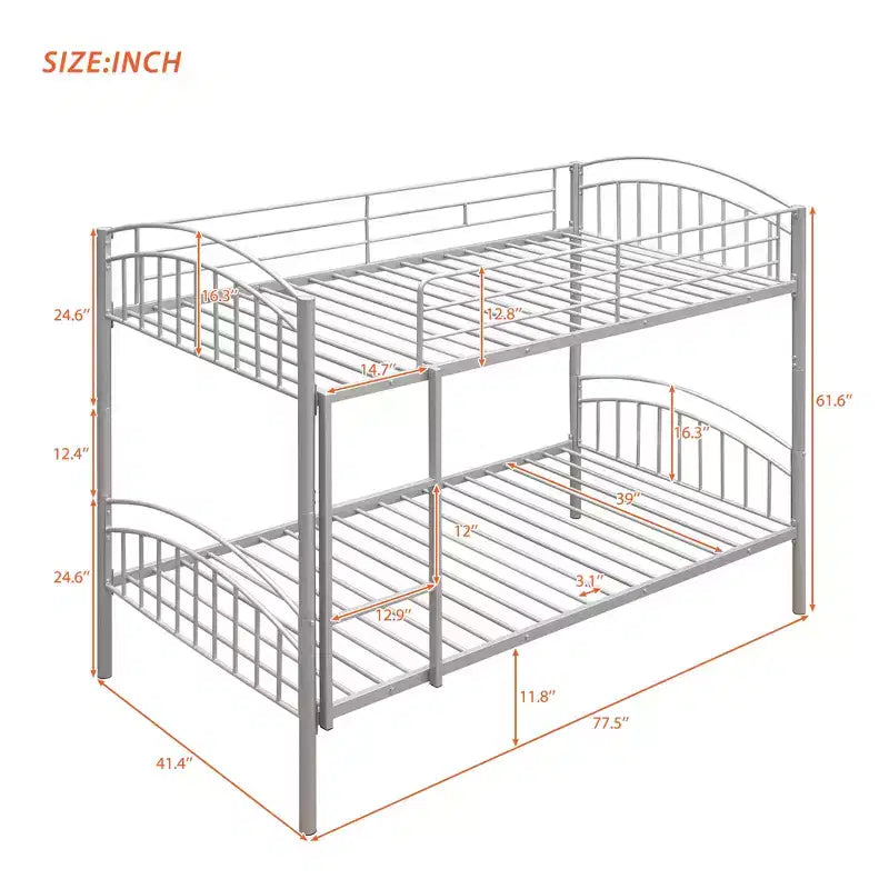 Bellemave Lit Superposé en Métal Jumeau sur Jumeau avec Échelle et Barrière de Sécurité, Convertible en 2 Lits, Robuste, Lit Gain de Place pour Enfants et Adolescents, Argent