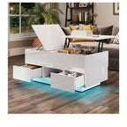 Rectangular LED Lift Top High Gloss Coffee Table With Charging Station and 2 Storage Drawers Open Shelf For Living Room
