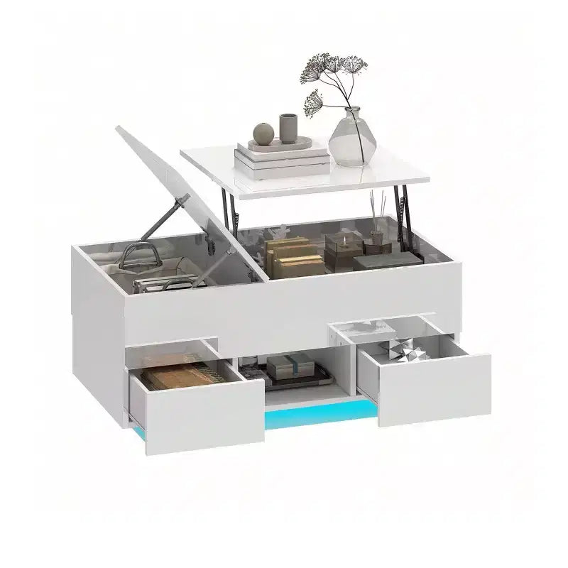 Table basse rectangulaire relevable LED haute brillance avec station de charge et 2 tiroirs de rangement, étagère ouverte pour salon