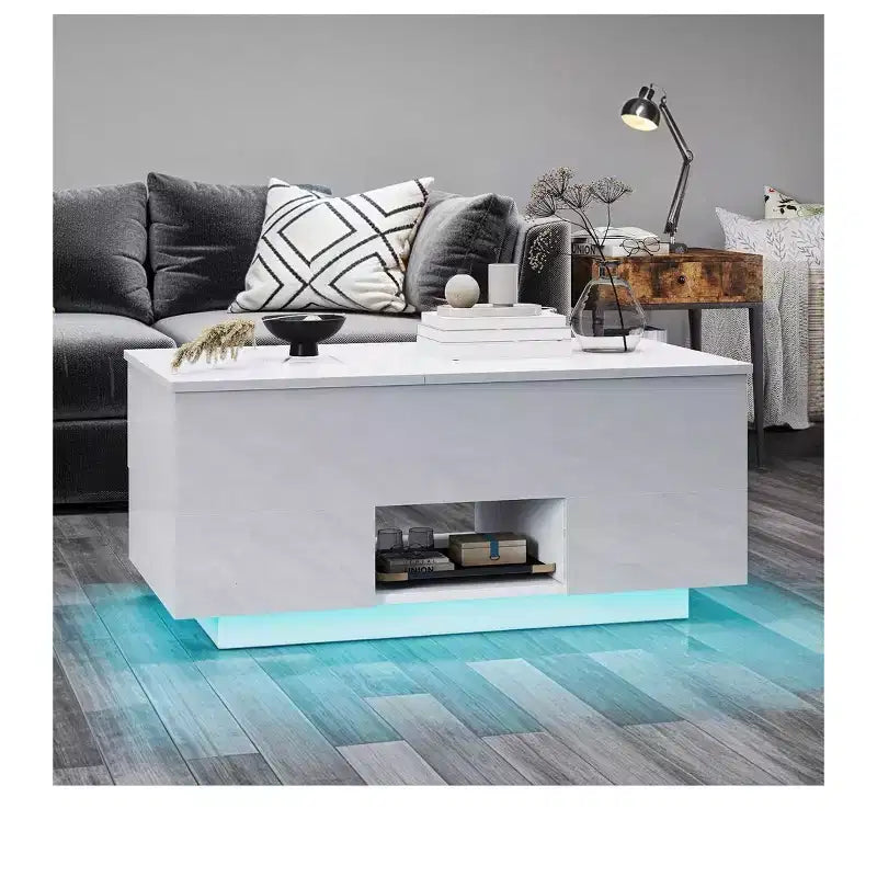 Table basse rectangulaire relevable LED haute brillance avec station de charge et 2 tiroirs de rangement, étagère ouverte pour salon