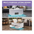 Table basse rectangulaire relevable LED haute brillance avec station de charge et 2 tiroirs de rangement, étagère ouverte pour salon