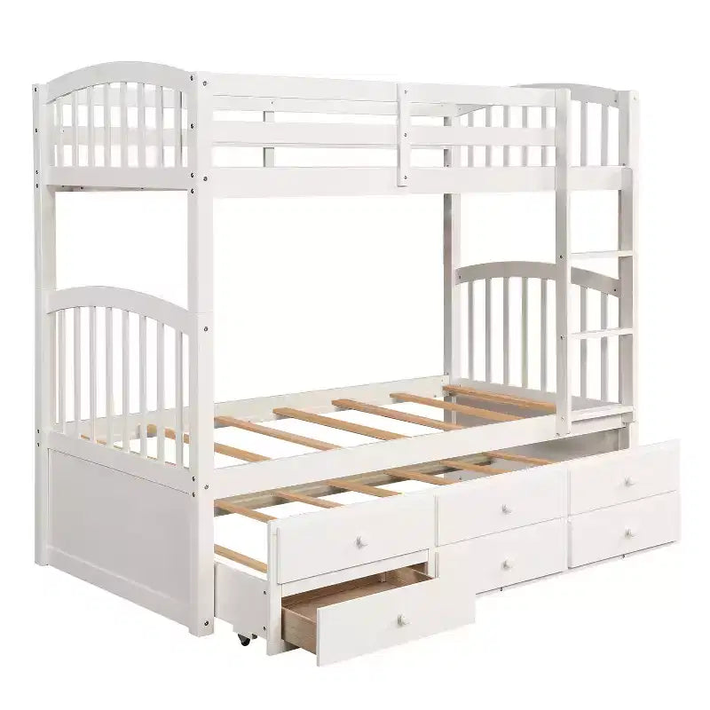Lit superposé jumeau sur jumeau avec lit gigogne, lit superposé en bois avec 3 tiroirs de rangement et rail de sécurité, convertible en 2 lits