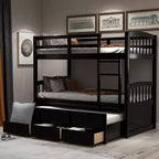 Twin over Twin Bunk Bed with Trundle, Wooden Bunk Bed with 3 Storage Drawers and Safety Rail, Can be Convertible to 2 Beds