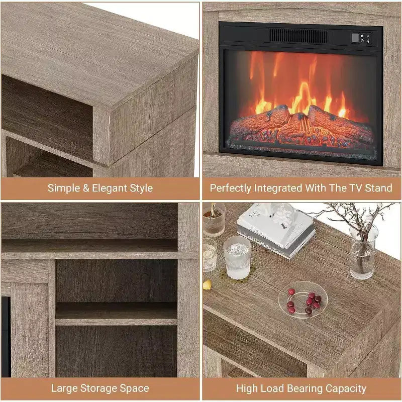 Meuble TV console de ferme 58 pouces avec étagères de rangement, cheminée 23 pouces avec flamme réglable sur 3 niveaux pour le salon