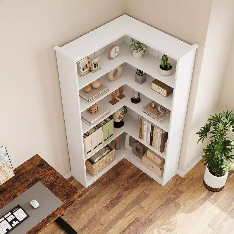 Étagère d'angle en forme de L de 185 cm, bibliothèque en bois de ferme à 5 niveaux, étagère de rangement peu encombrante avec dispositif anti-basculement, version semi-ouverte