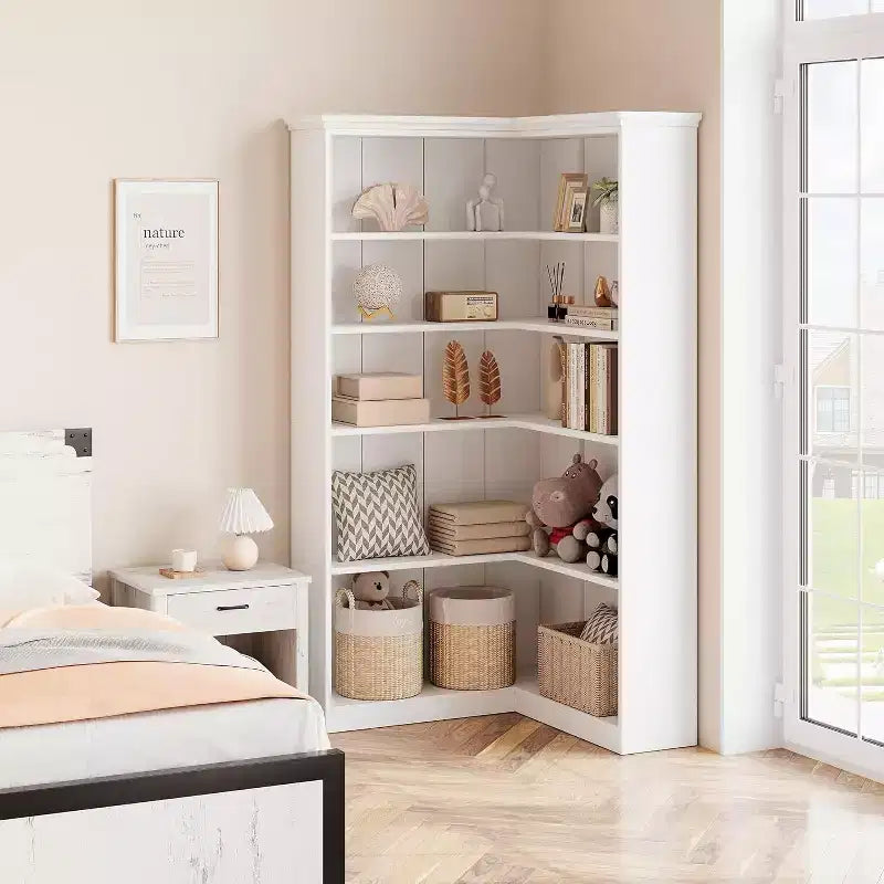 Étagère d'angle en forme de L de 185 cm, bibliothèque en bois de ferme à 5 niveaux, étagère de rangement peu encombrante avec dispositif anti-basculement, version semi-ouverte