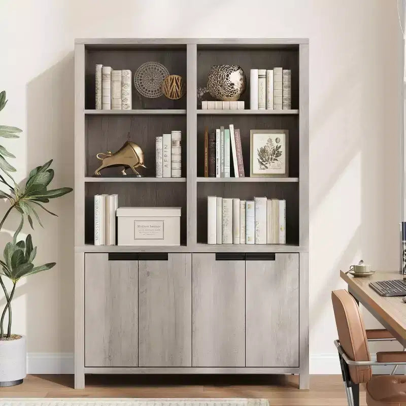 Étagère haute de 179,5 cm, bibliothèque à 5 niveaux de largeur double avec placards et double espace de rangement, bibliothèque en bois pour salon, bureau, bibliothèque