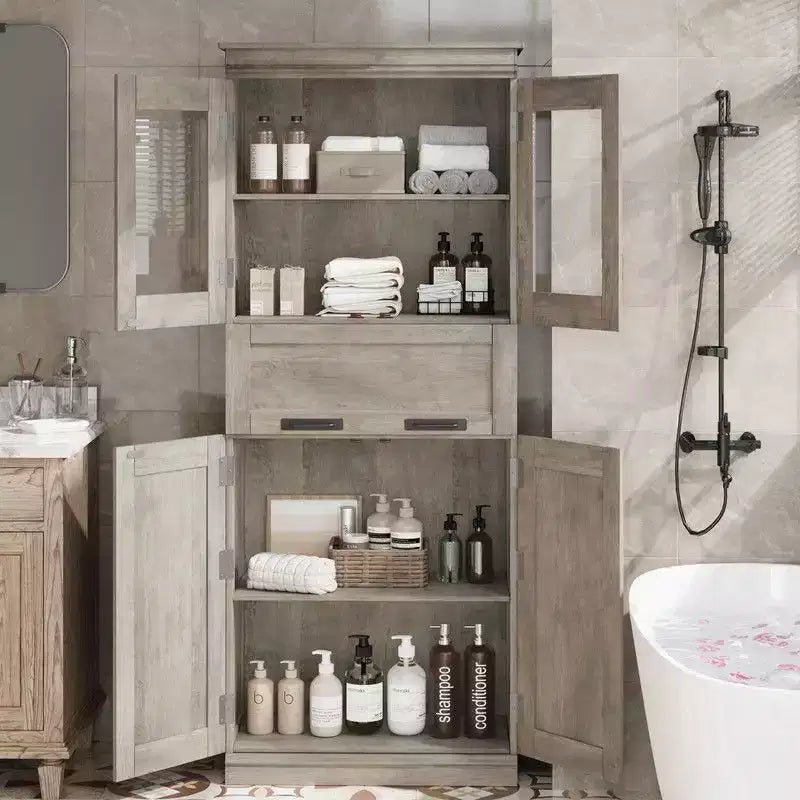 Meuble de salle de bain haut Coolmee de 170 cm avec 4 portes et tiroir basculant en verre, armoire de rangement avec étagères réglables, organisateur autoportant pour la maison