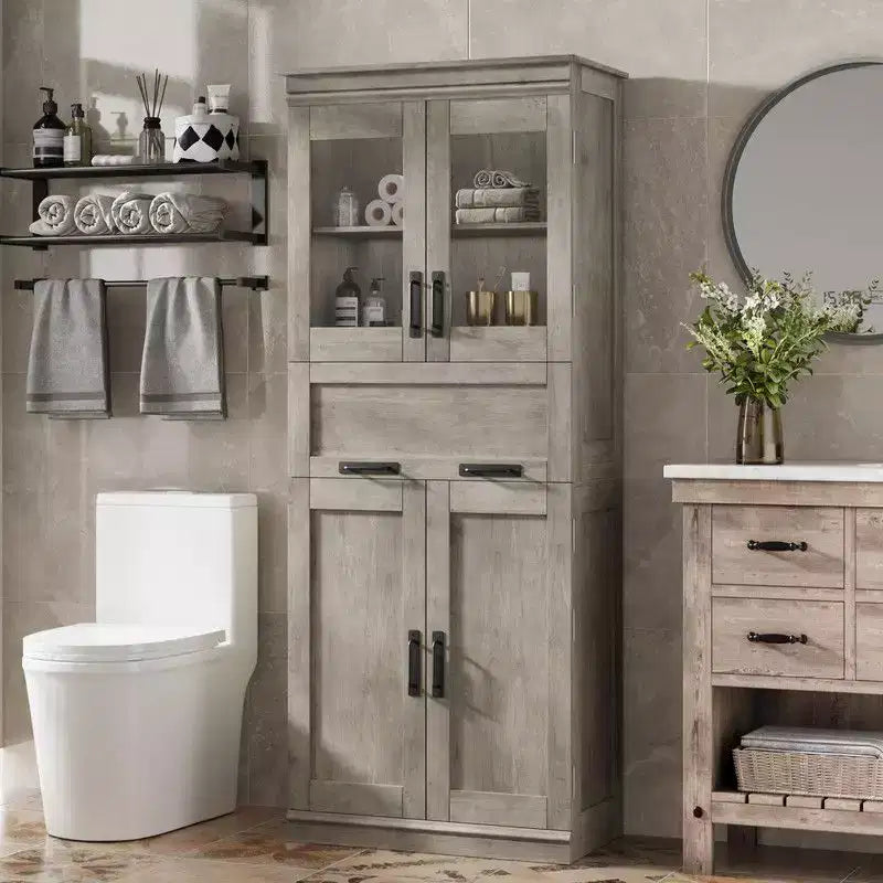 Meuble de salle de bain haut Coolmee de 170 cm avec 4 portes et tiroir basculant en verre, armoire de rangement avec étagères réglables, organisateur autoportant pour la maison