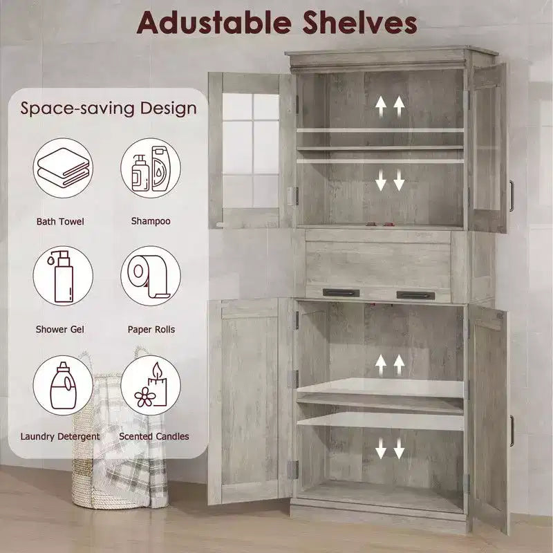 Meuble de salle de bain haut Coolmee de 170 cm avec 4 portes et tiroir basculant en verre, armoire de rangement avec étagères réglables, organisateur autoportant pour la maison