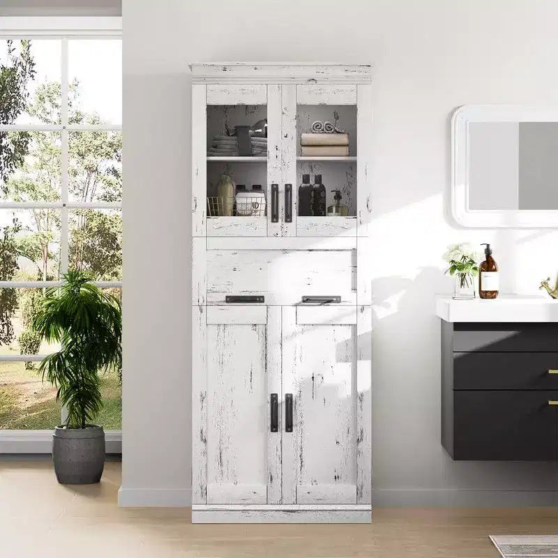 Meuble de salle de bain haut Coolmee de 170 cm avec 4 portes et tiroir basculant en verre, armoire de rangement avec étagères réglables, organisateur autoportant pour la maison