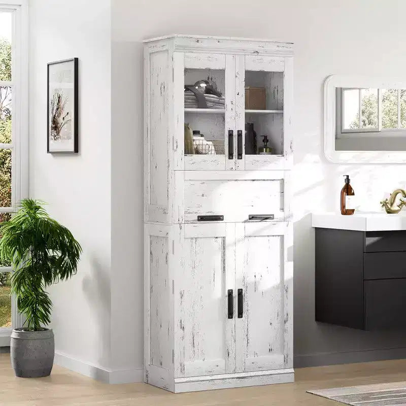 Meuble de salle de bain haut Coolmee de 170 cm avec 4 portes et tiroir basculant en verre, armoire de rangement avec étagères réglables, organisateur autoportant pour la maison