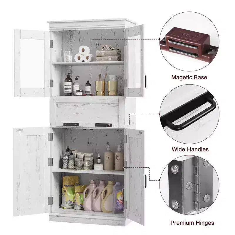 Meuble de salle de bain haut Coolmee de 170 cm avec 4 portes et tiroir basculant en verre, armoire de rangement avec étagères réglables, organisateur autoportant pour la maison