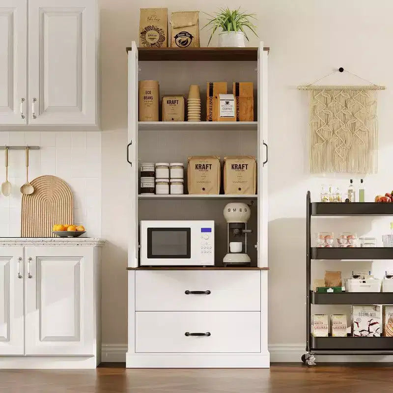Coolmee Armoire de cuisine avec portes de grange, tiroir et 2 étagères réglables, buffet haut autoportant avec support pour micro-ondes
