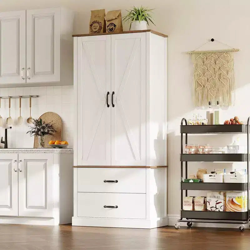 Coolmee Armoire de cuisine avec portes de grange, tiroir et 2 étagères réglables, buffet haut autoportant avec support pour micro-ondes