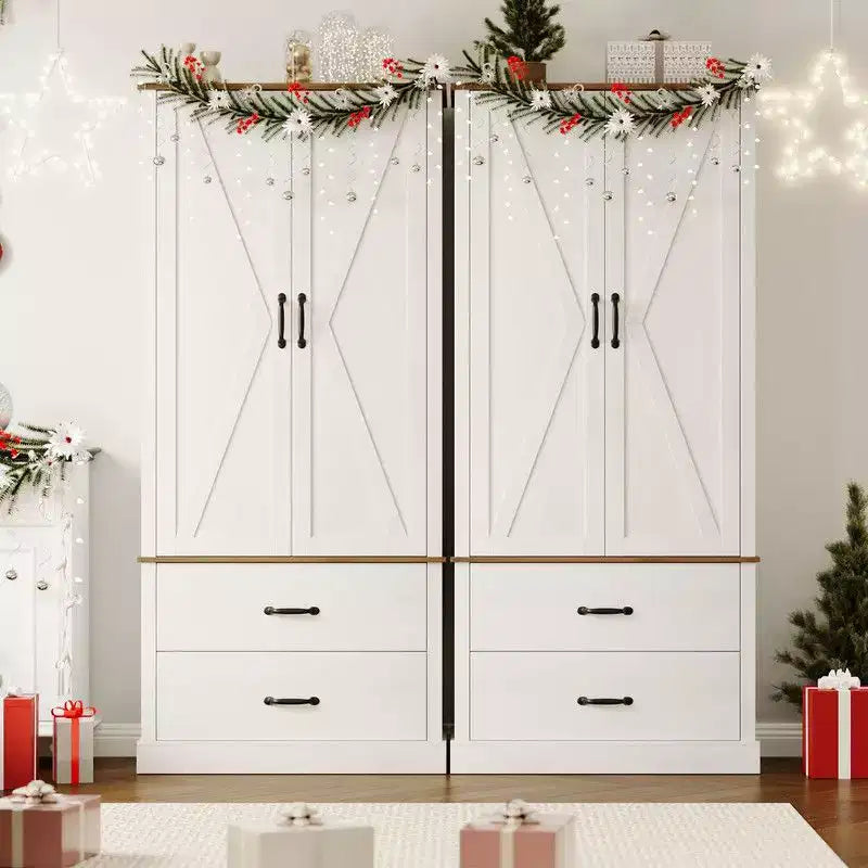 Coolmee Armoire de cuisine avec portes de grange, tiroir et 2 étagères réglables, buffet haut autoportant avec support pour micro-ondes