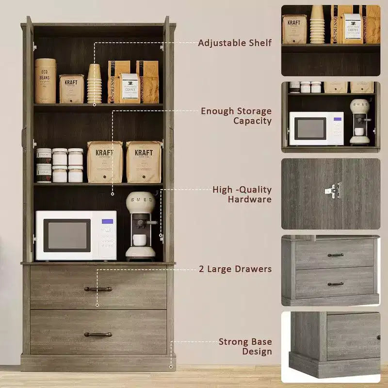 Coolmee Armoire de cuisine avec portes de grange, tiroir et 2 étagères réglables, buffet haut autoportant avec support pour micro-ondes