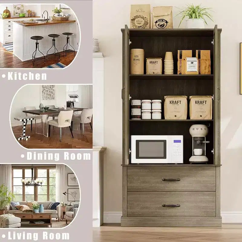 Coolmee Armoire de cuisine avec portes de grange, tiroir et 2 étagères réglables, buffet haut autoportant avec support pour micro-ondes