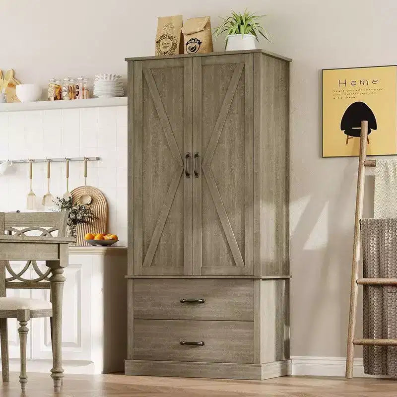Coolmee Armoire de cuisine avec portes de grange, tiroir et 2 étagères réglables, buffet haut autoportant avec support pour micro-ondes