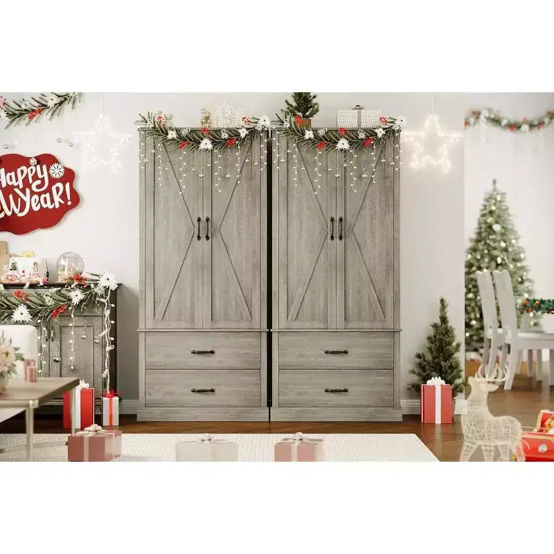 Coolmee Armoire de cuisine avec portes de grange, tiroir et 2 étagères réglables, buffet haut autoportant avec support pour micro-ondes