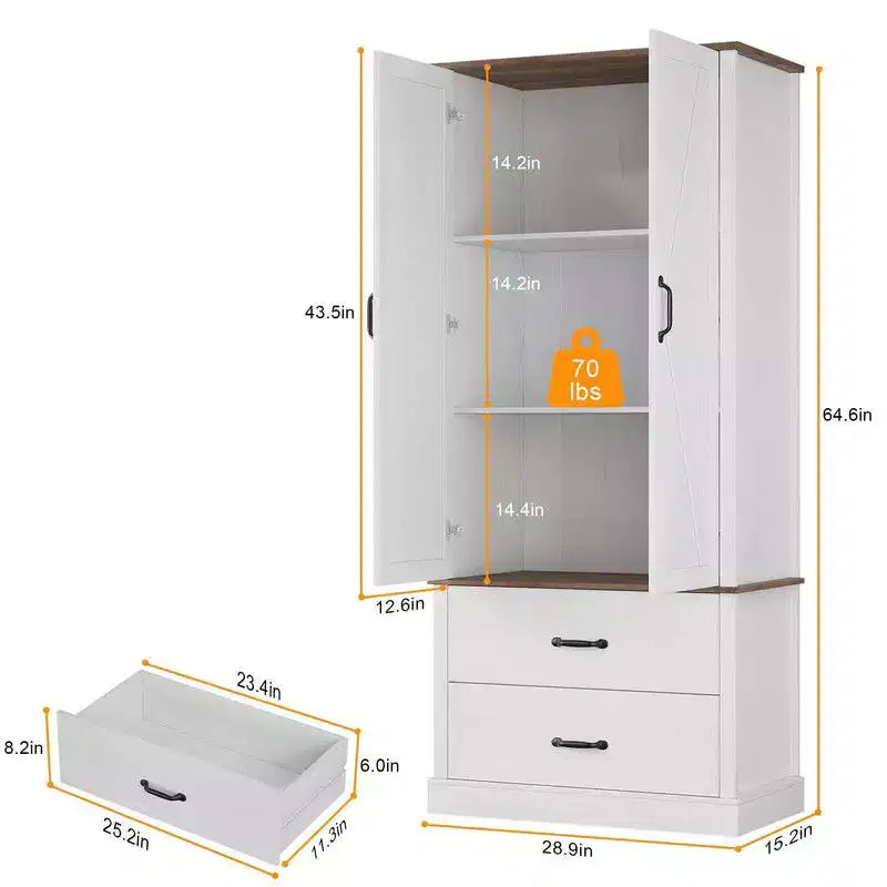 Coolmee Armoire de cuisine avec portes de grange, tiroir et 2 étagères réglables, buffet haut autoportant avec support pour micro-ondes