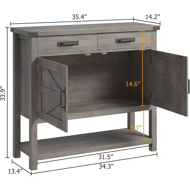 Console de style rustique avec rangement, placard à 2 portes et 2 tiroirs, table buffet multifonctionnelle pour entrée, cuisine, salon