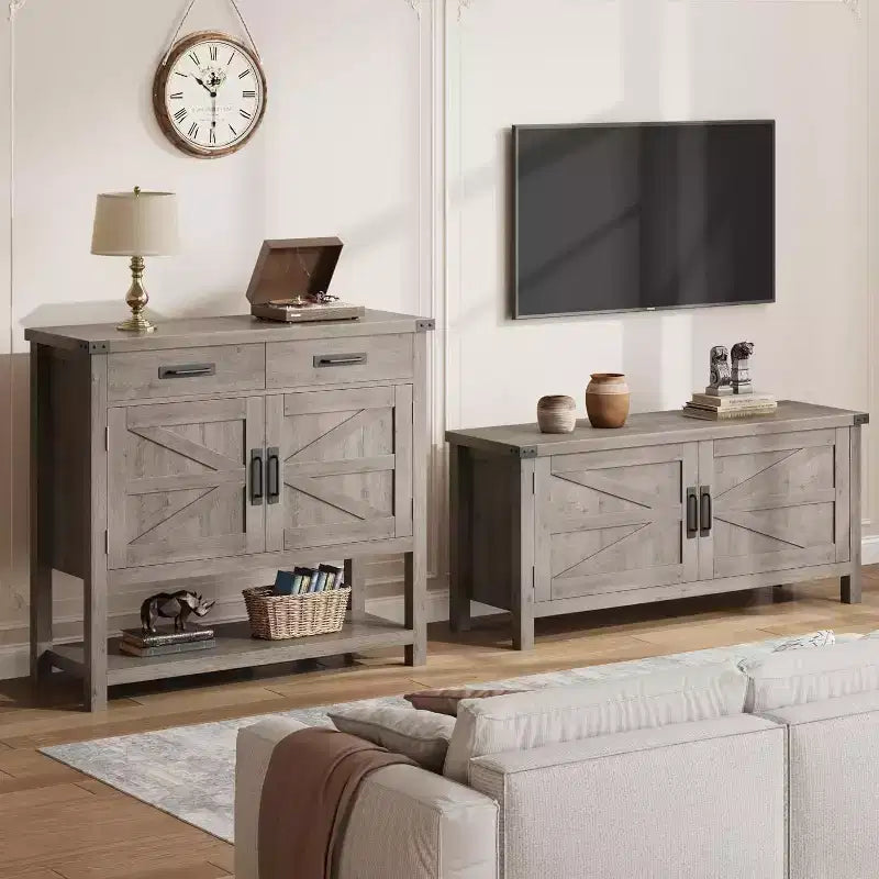 Console de style rustique avec rangement, placard à 2 portes et 2 tiroirs, table buffet multifonctionnelle pour entrée, cuisine, salon