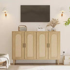CuisinSmart Buffet en rotin, Armoire de rangement Bohème, Buffet 4 portes avec prise de courant pour cuisine, salle à manger, salon