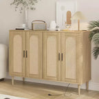 CuisinSmart Buffet en rotin, Armoire de rangement Bohème, Buffet 4 portes avec prise de courant pour cuisine, salle à manger, salon