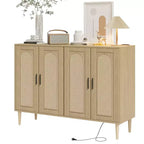 CuisinSmart Buffet en rotin, Armoire de rangement Bohème, Buffet 4 portes avec prise de courant pour cuisine, salle à manger, salon