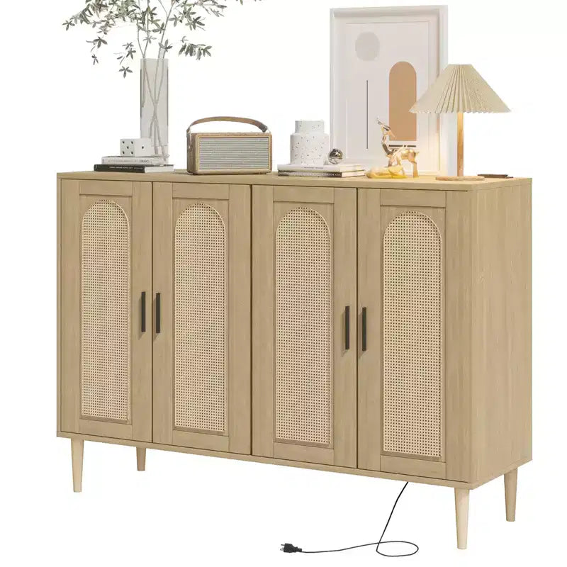 CuisinSmart Buffet en rotin, Armoire de rangement Bohème, Buffet 4 portes avec prise de courant pour cuisine, salle à manger, salon