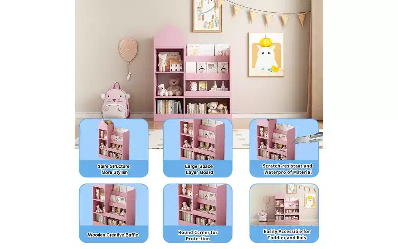 Zevemomo Bibliothèque et Rangement de Jouets pour Enfants à 4 Niveaux, Étagère à Livres en Bois pour Enfants, Rangement de Jouets avec Étagère à Livres pour Salle de Jeux, Salle de Classe, Chambre, Bibliothèque, Rose